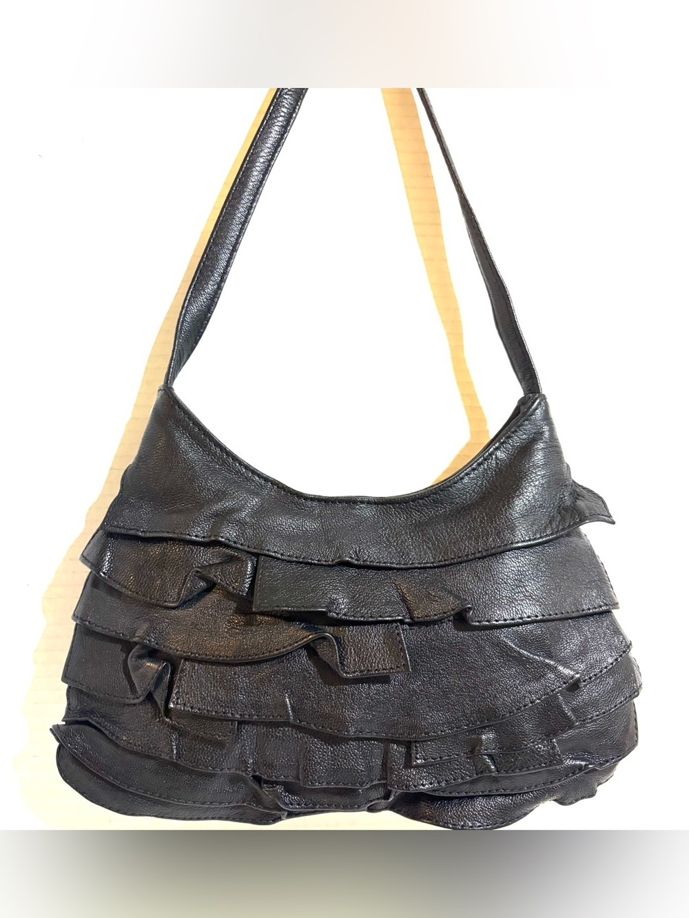 Vintage Black Ruffle Leather Shoulder Bag